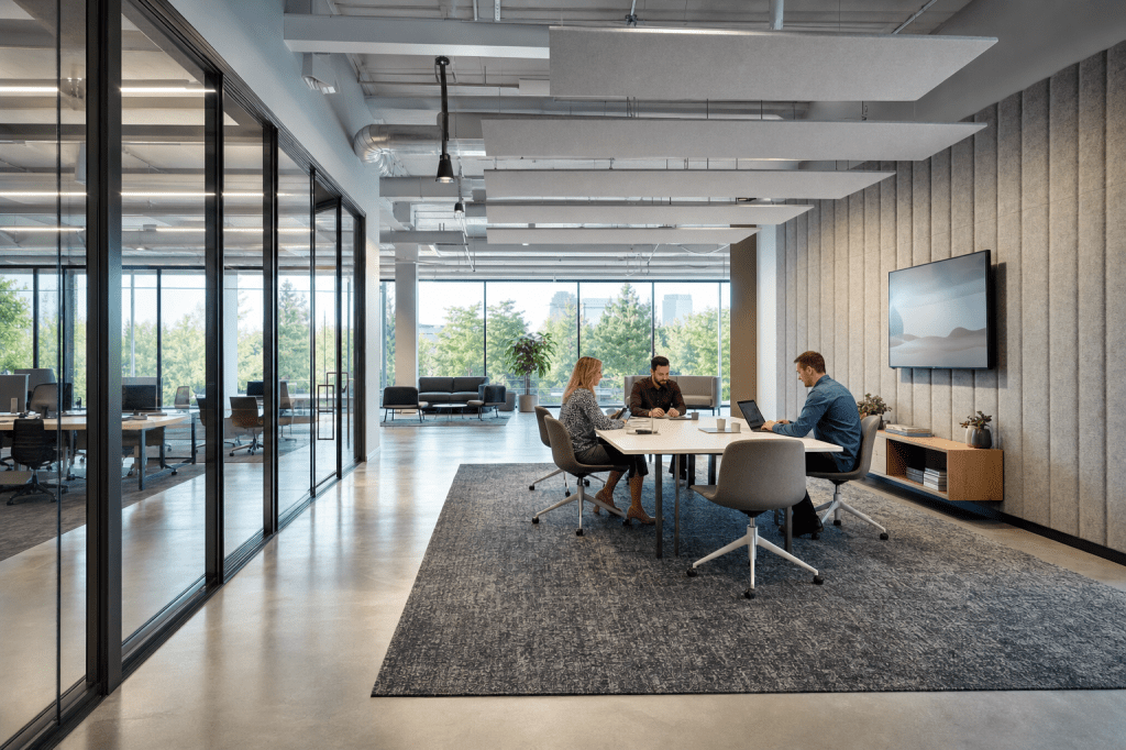 Welke geluidsdempende oplossingen werken het beste in een kantoor met veel glas en harde&nbsp;vloeren?