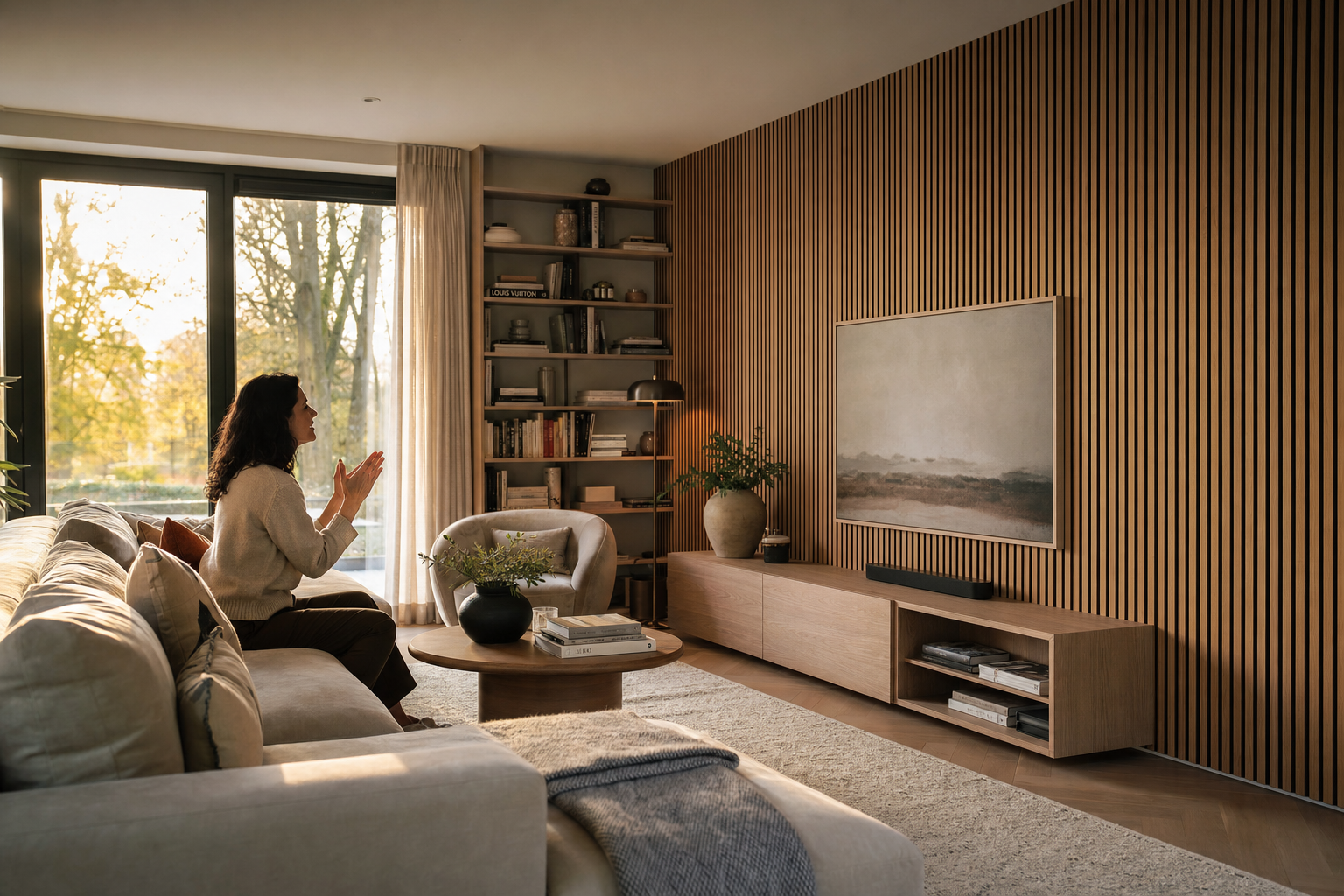 Wandpaneel houtlook in moderne woonkamer