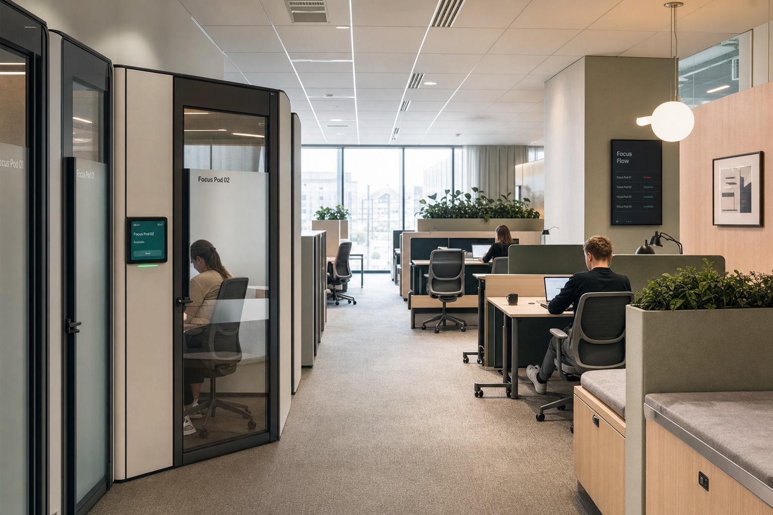 Hybride kantoorinrichting met focus- en samenwerkzones